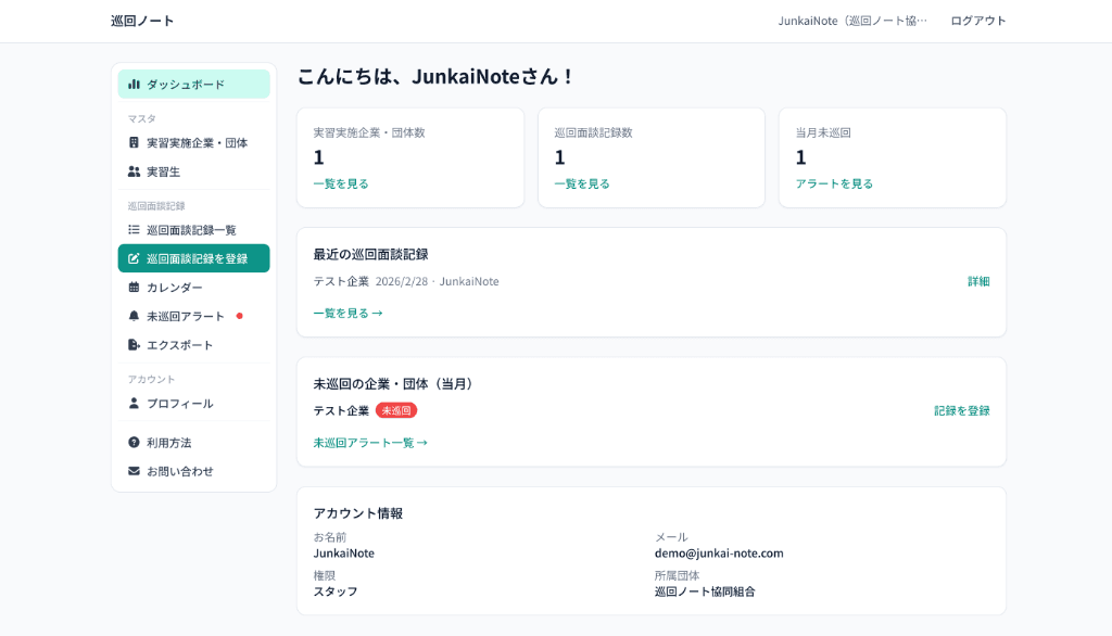 巡回ノートのダッシュボード画面